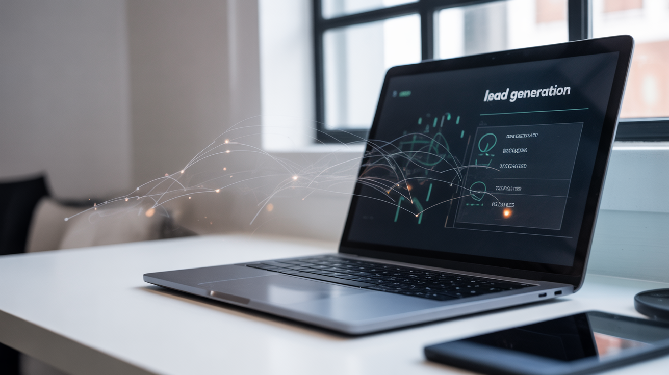 A silver laptop displaying a dark-themed dashboard titled "lead generation" with abstract glowing network lines emanating from the screen onto a white desk. A smartphone or tablet is visible in the foreground.