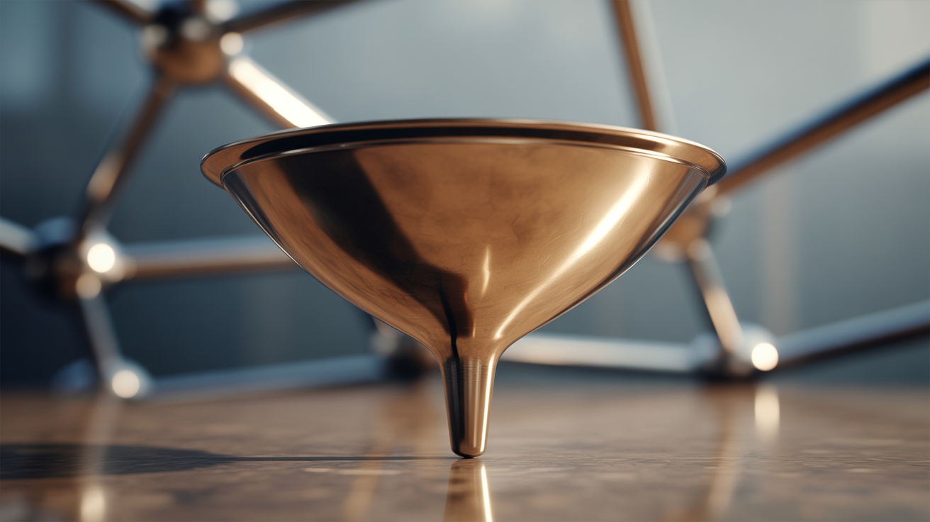 A close-up, low-angle shot of a polished bronze or copper funnel resting on its pointed tip on a reflective wooden surface. In the blurred background, there is a metallic, molecular-like structure.
