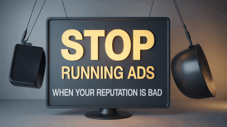 A dark sign with glowing yellow text reading "STOP RUNNING ADS WHEN YOUR REPUTATION IS BAD". The sign is flanked by two black, pendulum-like weights swinging on either side.