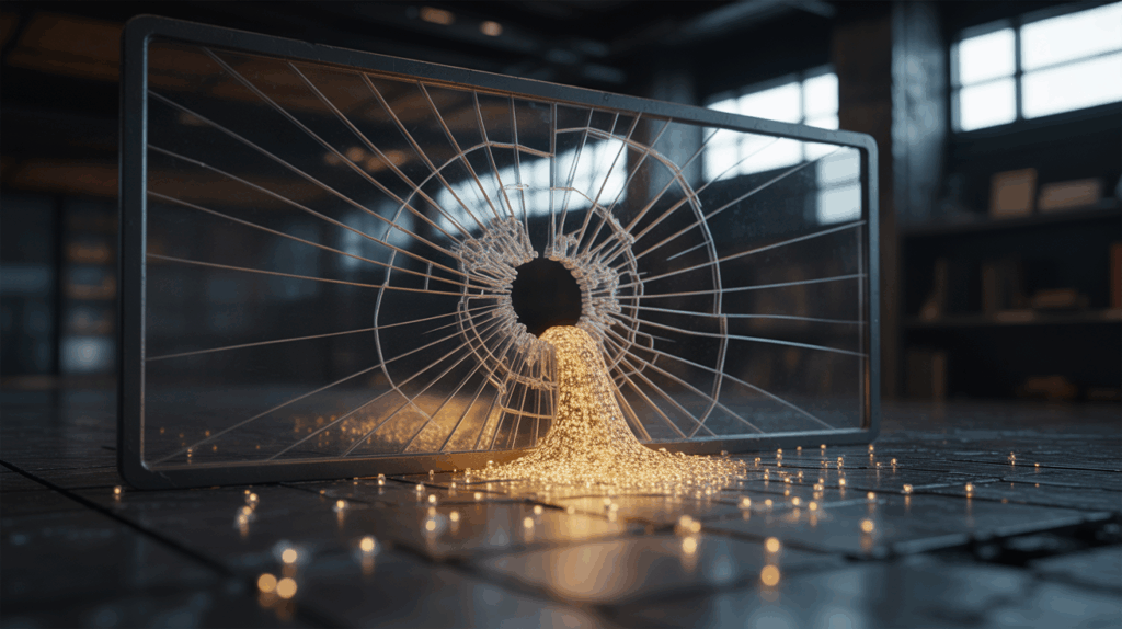 A close-up of a pane of glass with a circular hole broken in the center, from which a stream of glowing, golden, bead-like particles is pouring out onto a dark tiled floor. The background is a dimly lit, modern interior space.