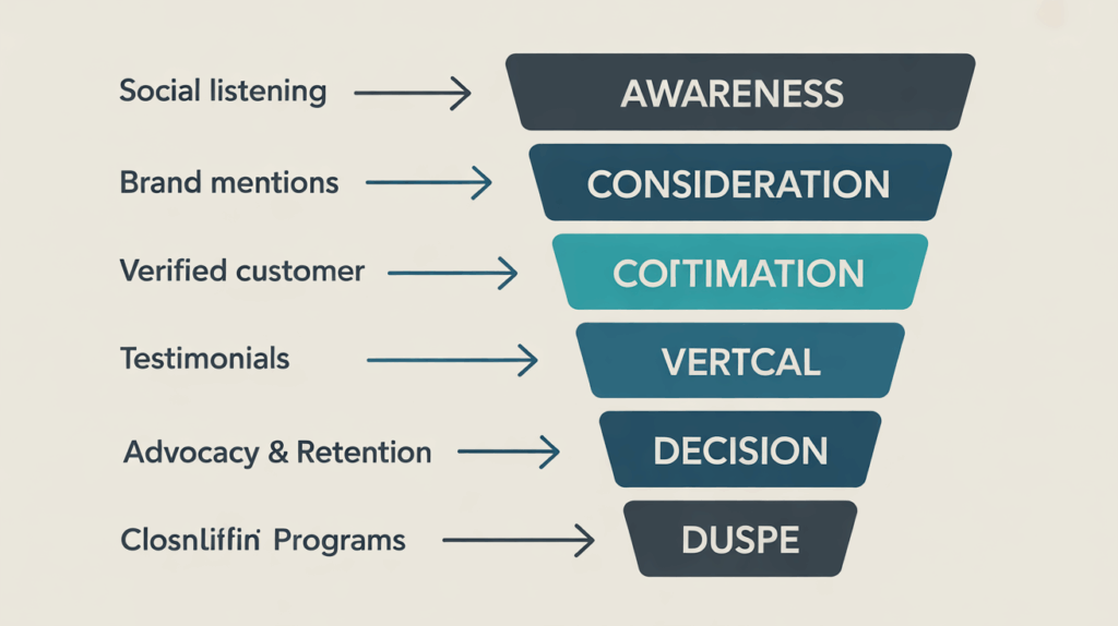 A diagram illustrating a sales funnel progression mapped against reputation management activities. The left side lists activities: Social listening, Brand mentions, Verified customer, Testimonials, Advocacy &amp; Retention, and Closnliffiin' Programs. These map to funnel stages on the right: AWARENESS, CONSIDERATION, COITIMATION (likely meant to be CONVERSION), VERTICAL (likely meant to be RETENTION or similar), DECISION, and DUSPE (unclear term).