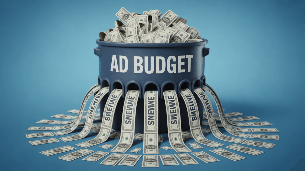 A blue container labeled "AD BUDGET" is overflowing with US dollar bills. Money is streaming out of multiple spouts at the bottom of the container, forming streams of cash that spread out onto the blue surface below, illustrating money being spent or leaking.