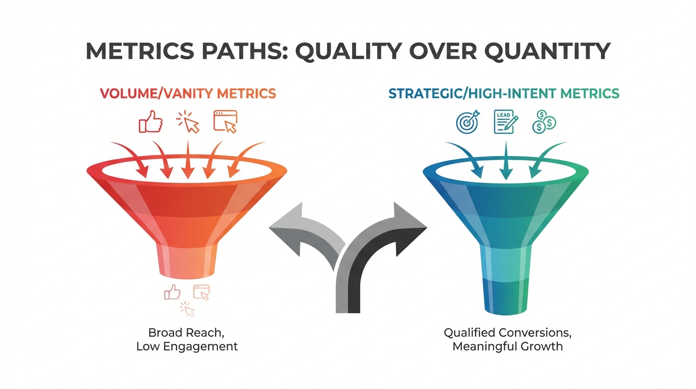 A diagram illustrating two metrics paths: Volume/Vanity Metrics funneling broad reach and low engagement (represented by likes, clicks, and website icons) into a red funnel, versus Strategic/High-Intent Metrics funneling qualified conversions and meaningful growth (represented by target, lead form, and dollar sign icons) into a blue/green funnel. Arrows show a divergence from a central point towards these two distinct funnels.