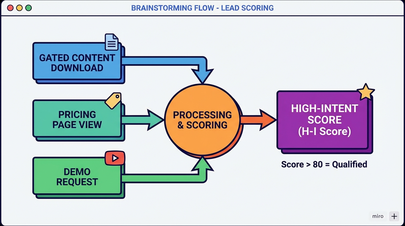 A flowchart titled "Brainstorming Flow - Lead Scoring". It shows three inputs leading to a central processing step: "Gated Content Download", "Pricing Page View", and "Demo Request". These inputs flow into a central orange circle labeled "Processing &amp; Scoring". An arrow leads from this circle to a final purple box labeled "High-Intent Score (H-I Score)", with a note underneath stating "Score > 80 = Qualified".