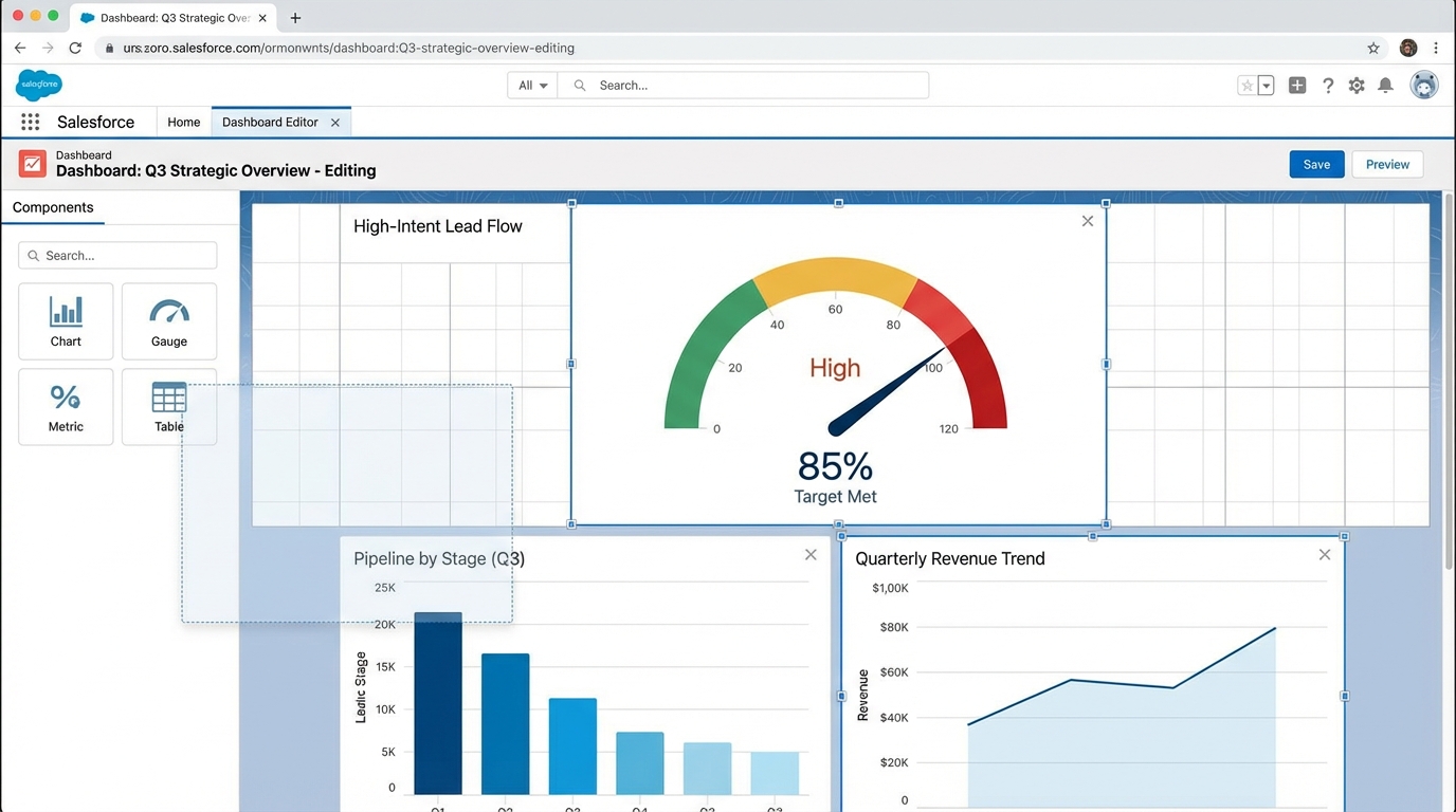 A screenshot of a Salesforce Dashboard Editor interface titled 'Dashboard: Q3 Strategic Overview - Editing'. The dashboard canvas displays several components: a 'High-Intent Lead Flow' gauge showing 85% Target Met, a 'Pipeline by Stage (Q3)' bar chart, and a 'Quarterly Revenue Trend' line chart. On the left, the Components panel shows options for adding Chart, Gauge, Metric, and Table components, with the Table component being dragged onto the canvas.