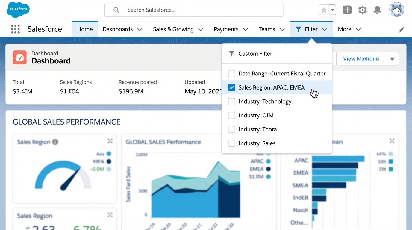 A screenshot of a Salesforce dashboard interface showing a dropdown menu open from the 'Filter' button. The filter menu displays several options, including 'Date Range: Current Fiscal Quarter' and 'Sales Region: APAC, EMEA' which is currently checked. Other unchecked options include various Industry filters.
