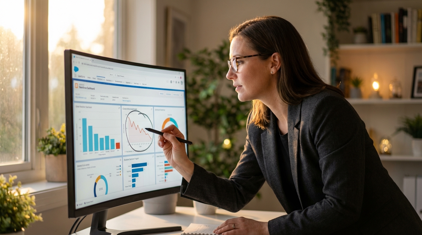 A professional woman wearing glasses and a dark blazer leans forward, pointing with a stylus at a downward trend line on a Salesforce dashboard displayed on a computer monitor. The dashboard shows various charts and graphs, including bar charts and a line graph indicating a decline.