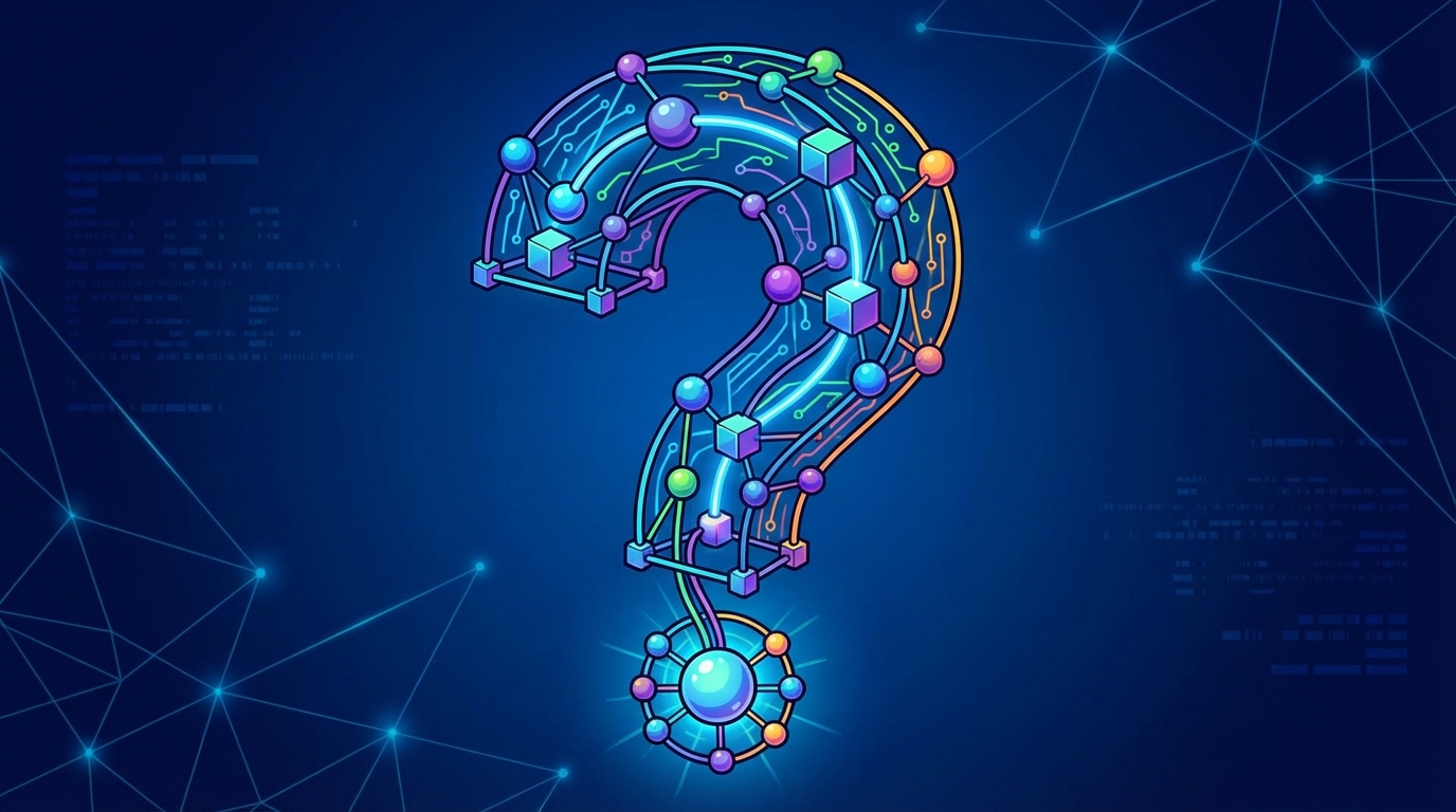 A stylized, glowing question mark formed by interconnected nodes, circuits, and glowing orbs, set against a dark blue background with faint network lines and digital code snippets.