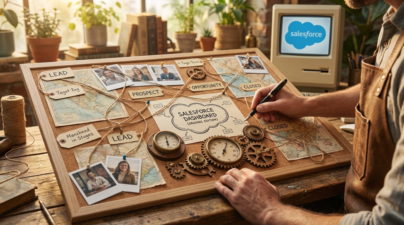 A person wearing a leather apron is working on a corkboard visualization resembling a detective's investigation board. The board features maps, Polaroid photos of people, tags labeled with sales stages like "LEAD," "PROSPECT," "OPPORTUNITY," and "CLOSED," connected by twine. In the center is a hand-drawn diagram labeled "SALESFORCE DASHBOARD (ORGANIC EDITION)" surrounded by vintage-style gears and gauges. In the background, an old computer monitor displays the Salesforce logo.