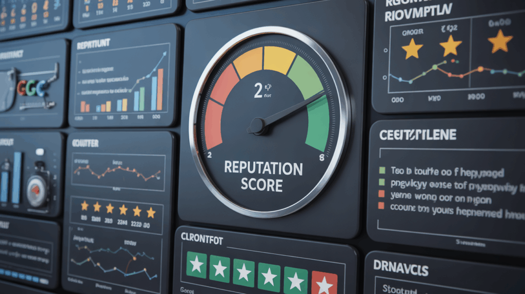 A close-up of a digital dashboard displaying various metrics, prominently featuring a large gauge labeled "REPUTATION SCORE" with the needle pointing to a score of 2 out of a possible 8, indicating a low reputation. Surrounding the main gauge are smaller panels showing charts, graphs, and star ratings.