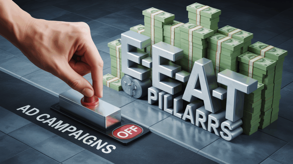 A close-up of a hand pressing an 'OFF' button on a switch labeled 'AD CAMPAIGNS'. Behind the switch are large, metallic 3D letters spelling 'E-E-A-T PILLARS' surrounded by tall stacks of US dollar bills, suggesting a redirection of advertising funds to E-E-A-T efforts.