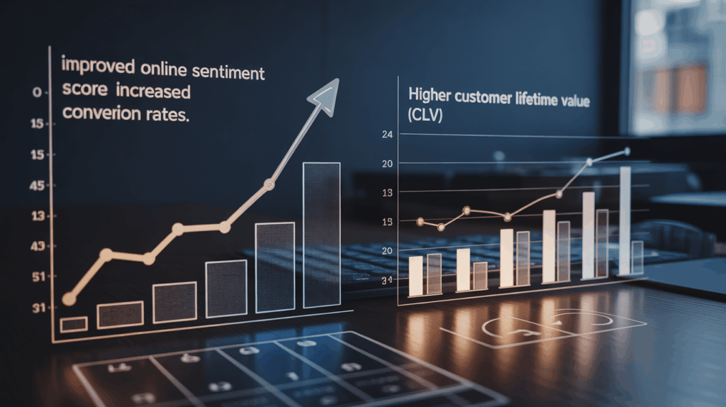 A dark, holographic-style display showing two sets of business performance charts on a desk surface. The left chart shows an upward trending line graph overlaid on bar charts, with text indicating "improved online sentiment score increased conversion rates." The right chart displays a line graph tracking "Higher customer lifetime value (CLV)" against bar charts.