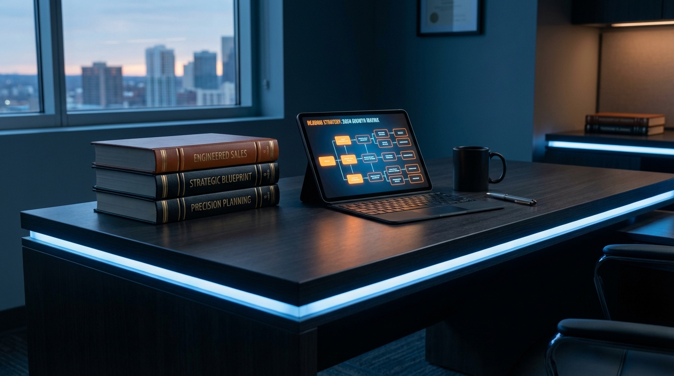 A modern, dark office desk illuminated by blue LED accent lighting. On the desk sits a stack of three hardcover books titled 'Engineered Sales', 'Strategic Blueprint', and 'Precision Planning'. Next to the books is a tablet displaying an orange flowchart diagram labeled 'WEBSITE STRATEGY: 2024 GROWTH MATRIX', a black coffee mug, and a silver pen.