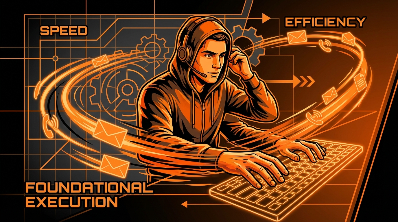 An illustration of a focused man wearing a headset and a hoodie, typing intensely on a glowing keyboard. Orange light trails emanate from his hands, swirling around him with icons representing communication (envelopes, phone calls, documents). The background features a dark grid with faint gears, and text labels indicating "SPEED," "EFFICIENCY," and "FOUNDATIONAL EXECUTION."
