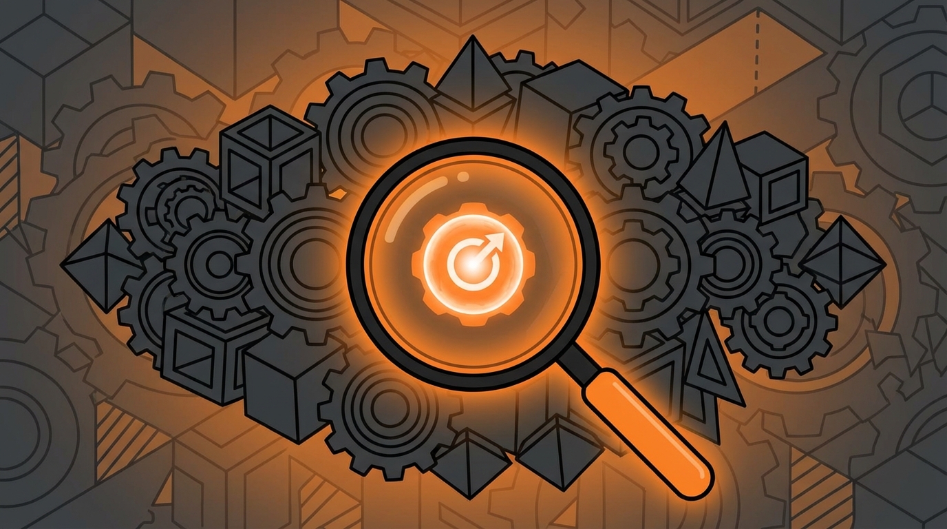 An illustration featuring a magnifying glass centered over a glowing orange gear icon that contains a circular arrow, suggesting refresh or iteration. The background is composed of dark gray, overlapping gears and geometric shapes resembling cubes and pyramids, set against an orange gradient.
