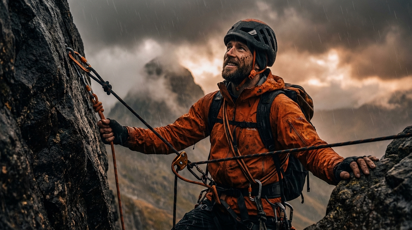 A male rock climber wearing an orange waterproof jacket, a black helmet, and a backpack is ascending a dark, wet rock face in the rain. He is secured by ropes and carabiners, looking upwards with a determined smile.