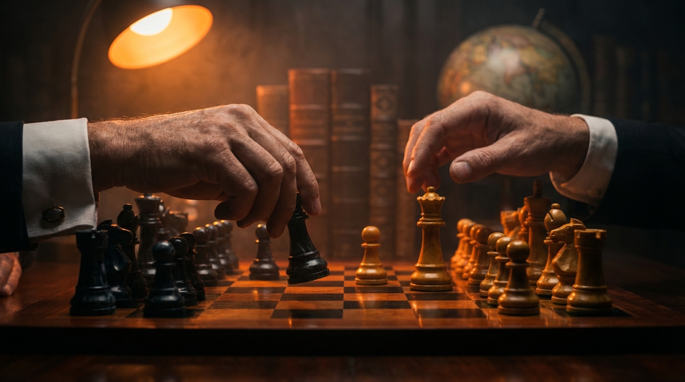 Two pairs of hands, wearing formal attire with cufflinks, are engaged in a game of chess on a wooden board under warm, dramatic lighting. One hand is moving a black piece (a bishop or rook), and the other is near a white queen. In the background, there are stacked books and a globe, suggesting a strategic or intellectual setting.