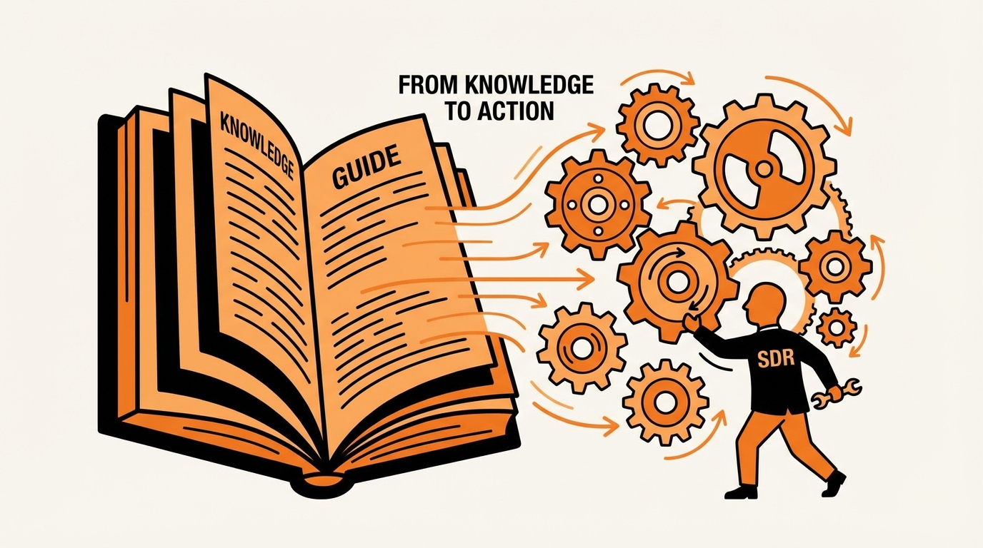 An illustration depicting the concept 'FROM KNOWLEDGE TO ACTION'. An open book labeled 'KNOWLEDGE' and 'GUIDE' has orange arrows pointing from its pages towards a system of interconnected gears. A figure wearing a jacket labeled 'SDR' is shown adjusting one of the gears with a wrench, symbolizing the application of knowledge into operational action.