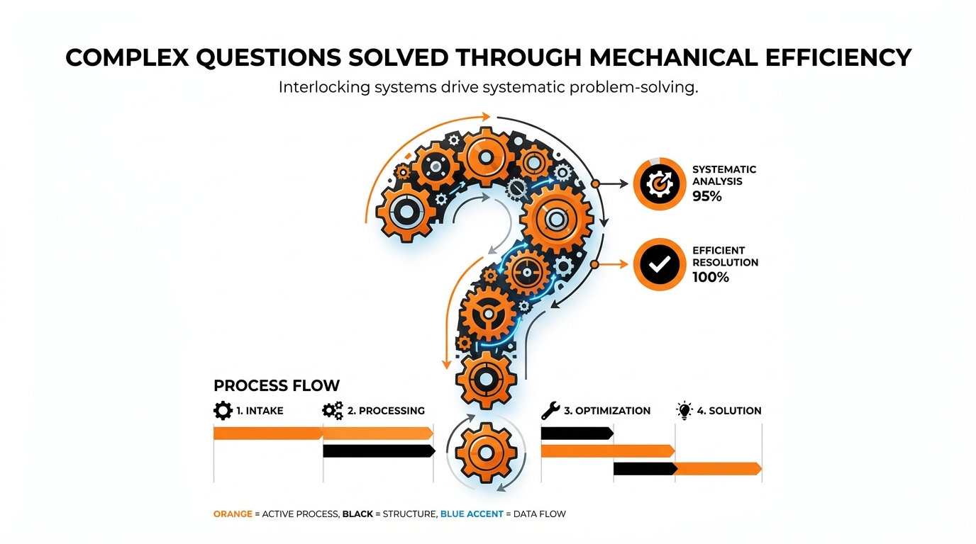 A graphic illustrating complex questions being solved through mechanical efficiency, depicted as interlocking orange gears forming the shape of a question mark. The process flow at the bottom shows four steps: 1. Intake, 2. Processing, 3. Optimization, and 4. Solution, with color coding indicating active process (orange), structure (black), and data flow (blue accent). Metrics shown are Systematic Analysis at 95% and Efficient Resolution at 100%.
