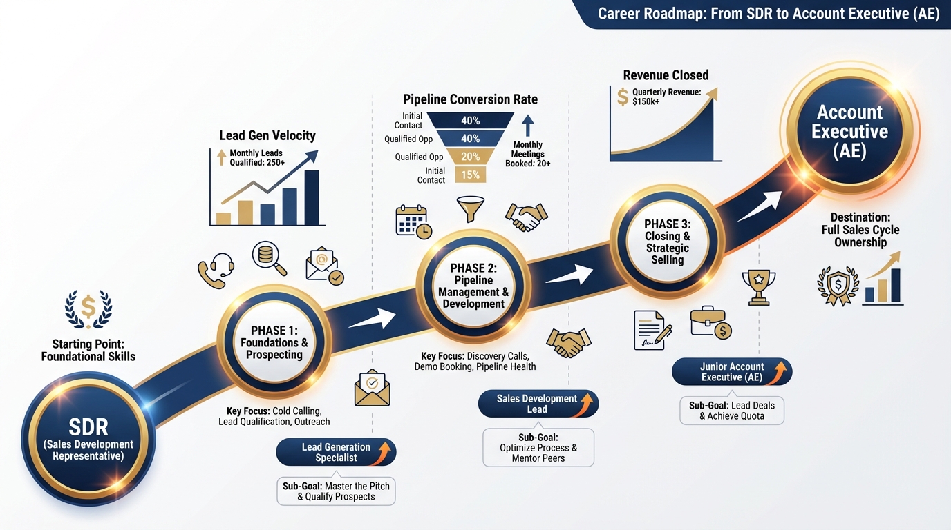 A career roadmap graphic titled 'Career Roadmap: From SDR to Account Executive (AE)' illustrating a progression along a dark blue, upward-curving path. The starting point is 'SDR (Sales Development Representative)' with 'Foundational Skills'. The path is divided into three phases: PHASE 1: Foundations &amp; Prospecting (Key Focus: Cold Calling, Lead Qualification, Outreach), PHASE 2: Pipeline Management &amp; Development (Key Focus: Discovery Calls, Demo Booking, Pipeline Health), and PHASE 3: Closing &amp; Strategic Selling. Metrics like Lead Gen Velocity (250+ Qualified Monthly Leads), Pipeline Conversion Rates (e.g., Initial Contact 40%, Qualified Opp 15%), and Revenue Closed ($150k+ Quarterly Revenue) are shown along the path. Roles achieved along the way include 'Lead Generation Specialist', 'Sales Development Lead', and 'Junior Account Executive (AE)'. The final destination is 'Account Executive (AE)' with 'Full Sales Cycle Ownership'.