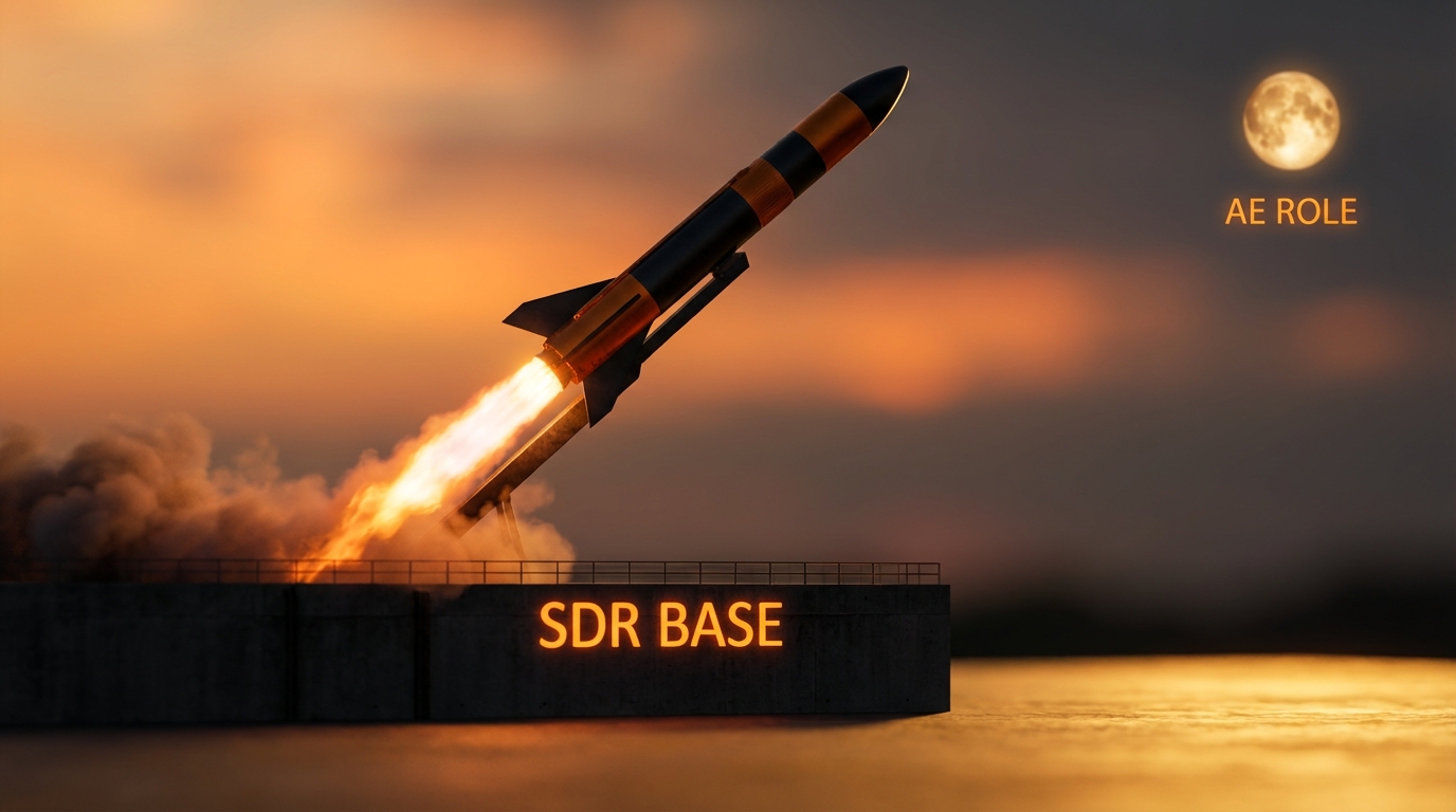 A rocket launching from a launchpad labeled 'SDR BASE' at sunset or sunrise over water. A bright orange moon and text reading 'AE ROLE' are visible in the dark sky.