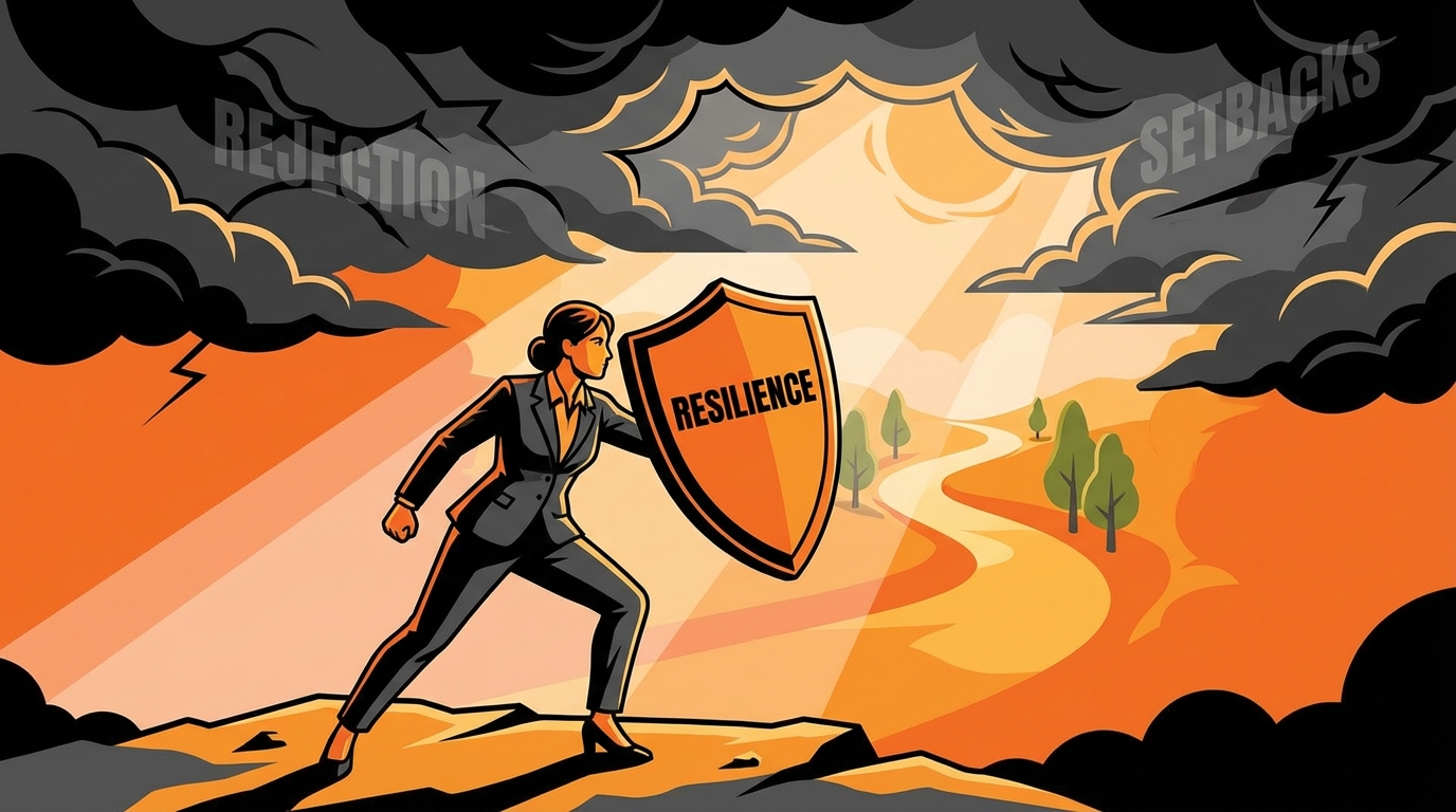 A determined businesswoman in a dark suit stands on a rocky outcrop, holding an orange shield labeled "RESILIENCE" in front of her. Dark storm clouds labeled "REJECTION" on the left and "SETBACKS" on the right loom overhead, while sunlight breaks through the clouds onto a winding path ahead, symbolizing overcoming adversity.