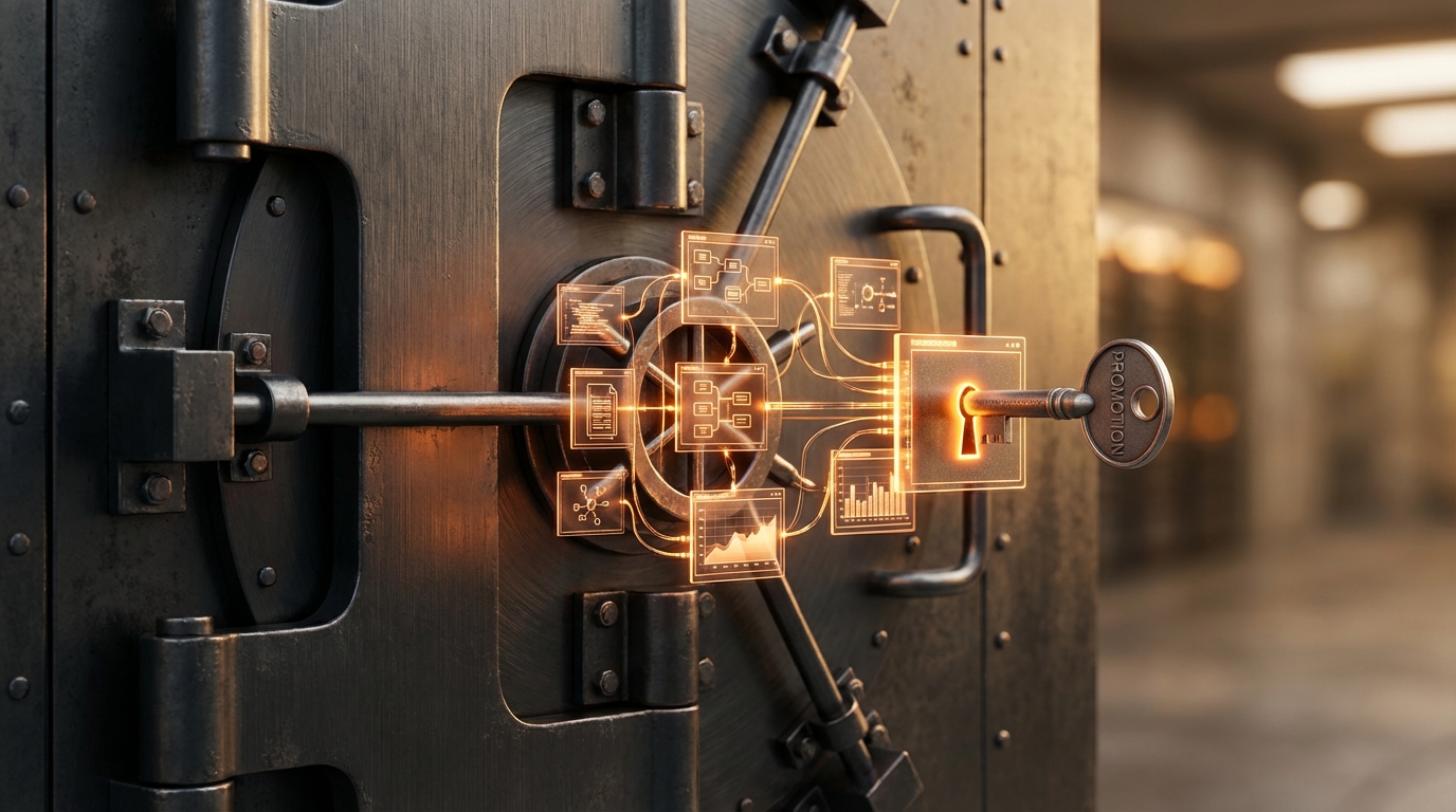 A close-up of a heavy, dark metal bank vault door with a combination lock wheel. A vintage-style key labeled "PROMOTION" is inserted into a glowing keyhole, which is surrounded by holographic, glowing orange data interfaces and flowcharts, symbolizing the unlocking of career advancement through data mastery.