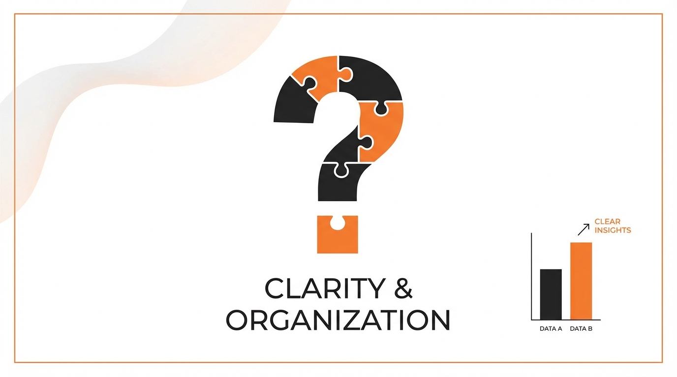A graphic featuring a large question mark composed of black and orange puzzle pieces, centered above the text "CLARITY &amp; ORGANIZATION". To the lower right, there is a simple bar chart comparing "DATA A" (black bar) and "DATA B" (orange bar), with an upward arrow pointing from the taller orange bar labeled "CLEAR INSIGHTS".