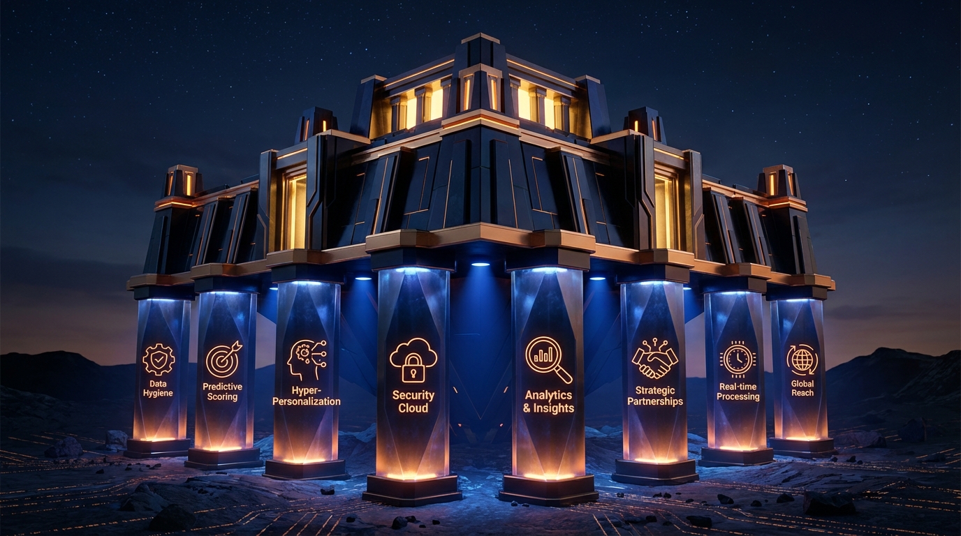 A futuristic, dark structure resembling a temple or monument illuminated by warm golden light and supported by eight glowing blue pillars. Each pillar displays a white icon and text representing a pillar of AI lead generation strategy: Data Hygiene, Predictive Scoring, Hyper-Personalization, Security Cloud, Analytics &amp; Insights, Strategic Partnerships, Real-time Processing, and Global Reach. The scene is set outdoors under a starry night sky.
