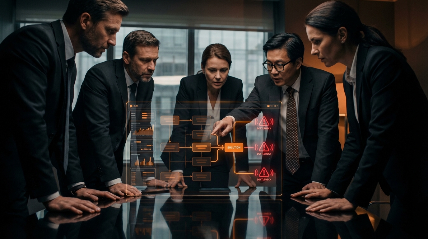 Five business professionals in dark suits gathered around a reflective table, intently looking at a glowing, orange holographic interface displaying a flowchart with boxes labeled 'SOLUTION' and 'BOTTLENECK' with warning icons. One man is pointing at the 'SOLUTION' box.