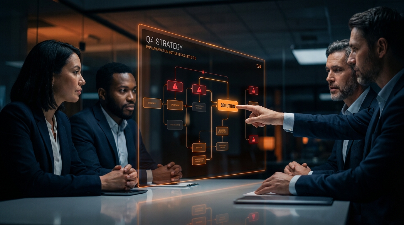 Four business professionals gathered around a table, looking at a glowing, holographic interface displaying a flowchart titled 'Q4 STRATEGY' with 'IMPLEMENTATION BOTTLENECKS DETECTED'. One person is pointing directly at a highlighted box labeled 'SOLUTION'. Several other nodes in the flowchart show warning icons.