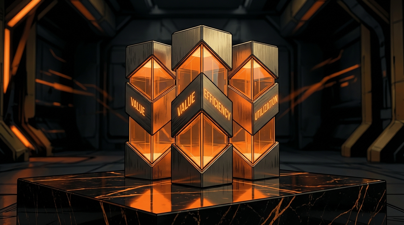 A futuristic, glowing orange and black structure resembling three interconnected pillars or blocks, resting on a black marble pedestal with orange veins. The structure has illuminated panels displaying the words: 'VALUE', 'VALUE', 'EFFICIENCY', and 'UTILIZATION', suggesting key performance indicators for business profitability.