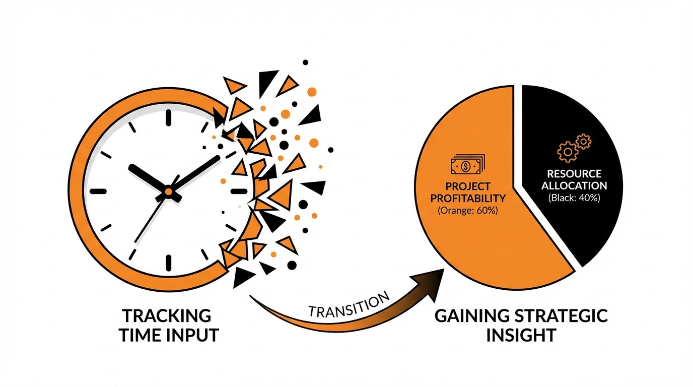 A diagram illustrating a transition from 'Tracking Time Input,' represented by a clock disintegrating into orange and black fragments, to 'Gaining Strategic Insight,' represented by a pie chart. The pie chart shows Project Profitability (Orange: 60%) and Resource Allocation (Black: 40%). An arrow labeled 'Transition' connects the two concepts.