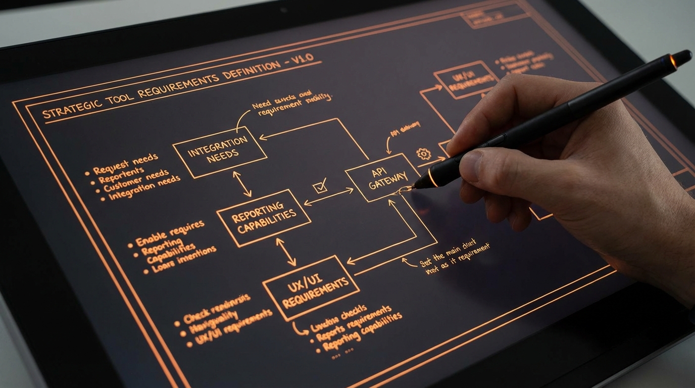 A close-up shot of a hand using a stylus to draw or edit a digital flowchart on a dark screen. The diagram is titled 'STRATEGIC TOOL REQUIREMENTS DEFINITION - V1.0' and shows interconnected boxes labeled 'INTEGRATION NEEDS', 'REPORTING CAPABILITIES', 'API GATEWAY', and 'UX/UI REQUIREMENTS' with associated bullet points and arrows.