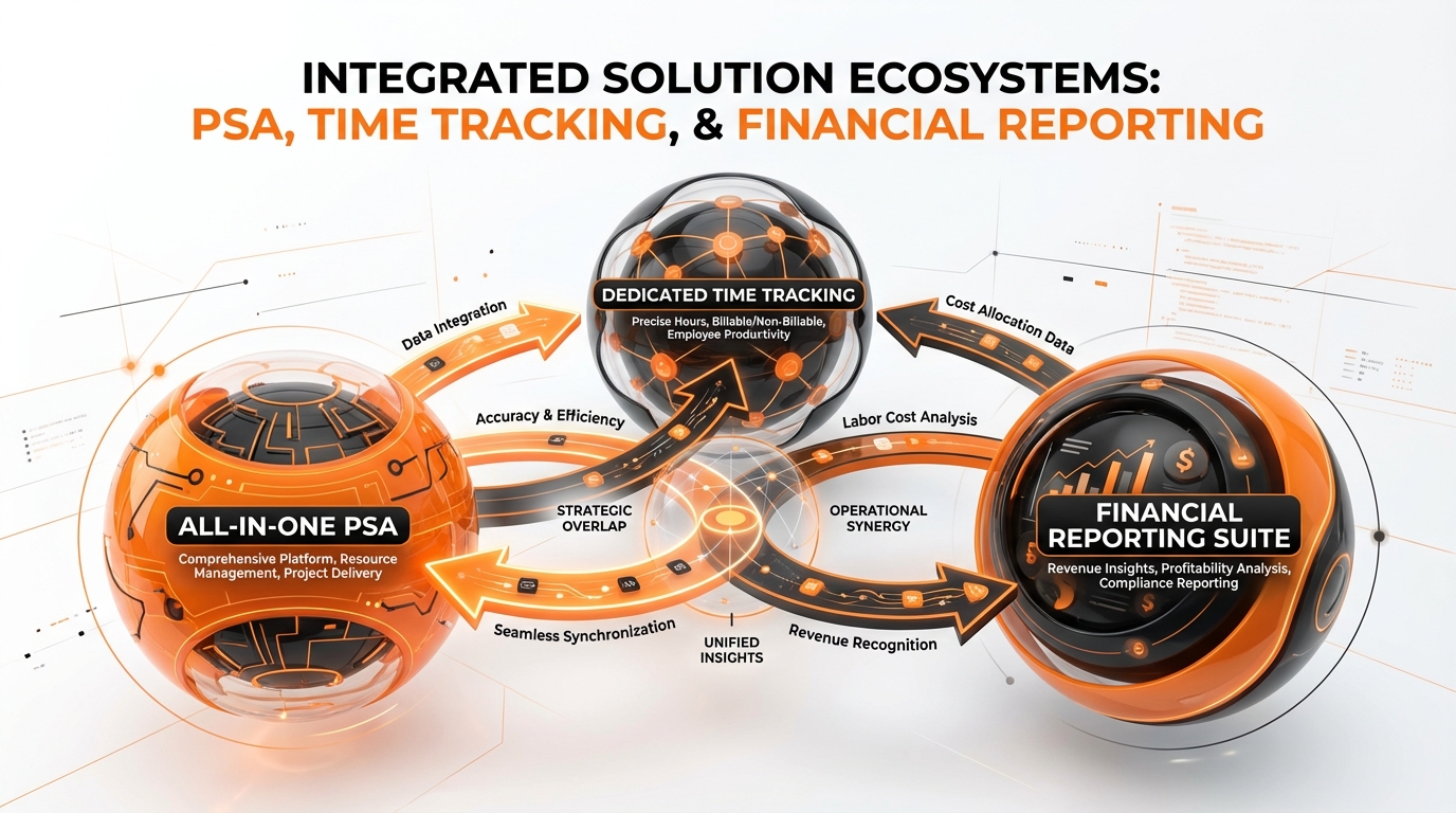 A diagram illustrating the integration of three solution components: an orange sphere labeled 'ALL-IN-ONE PSA' (Comprehensive Platform, Resource Management, Project Delivery), a central clear sphere labeled 'DEDICATED TIME TRACKING' (Precise Hours, Billable/Non-Billable, Employee Productivity), and a dark orange sphere labeled 'FINANCIAL REPORTING SUITE' (Revenue Insights, Profitability Analysis, Compliance Reporting). Arrows show data flow and synergy between them, labeled with terms like 'Data Integration', 'Accuracy &amp; Efficiency', 'Cost Allocation Data', 'Labor Cost Analysis', 'Seamless Synchronization', 'Strategic Overlap', 'Operational Synergy', and 'Revenue Recognition', all under the main heading 'INTEGRATED SOLUTION ECOSYSTEMS: PSA, TIME TRACKING, &amp; FINANCIAL REPORTING'.