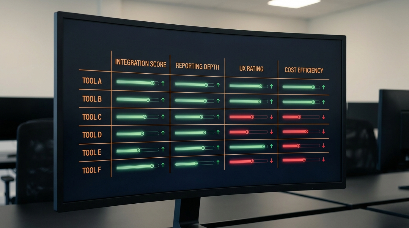 A curved computer monitor displaying a dark-themed dashboard comparing six tools (Tool A through Tool F) across four metrics: Integration Score, Reporting Depth, UX Rating, and Cost Efficiency. Each tool has a horizontal progress bar indicating its score, colored green for positive or red for negative, accompanied by an upward or downward trend arrow.