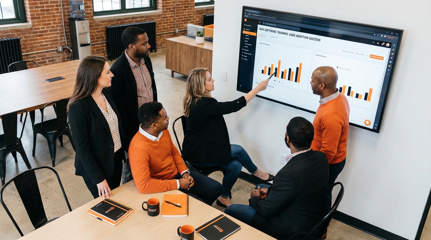 A diverse group of five business professionals, three men and two women, are gathered in a modern office space reviewing data on a large wall-mounted display. A woman in the center is pointing at a bar chart on the screen titled 'NEW SOFTWARE TRAINING: USER ADOPTION SUCCESS'. Several people are dressed in business casual attire, including some wearing bright orange sweaters.