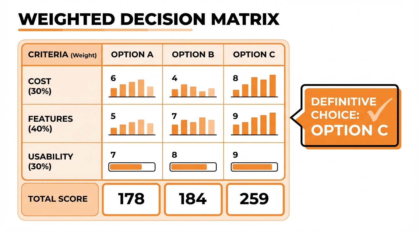 A weighted decision matrix comparing three options (Option A, Option B, Option C) across three criteria: Cost (30% weight), Features (40% weight), and Usability (30% weight). Option C has the highest total score of 259, followed by Option B (184) and Option A (178). A callout box indicates the definitive choice is Option C.