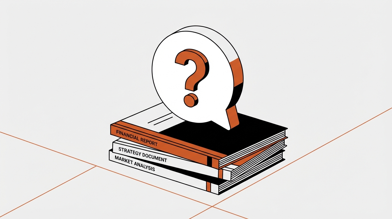 An isometric illustration showing a stack of three business documents labeled 'FINANCIAL REPORT', 'STRATEGY DOCUMENT', and 'MARKET ANALYSIS'. A large, three-dimensional white speech bubble containing an orange question mark sits on top of the documents.