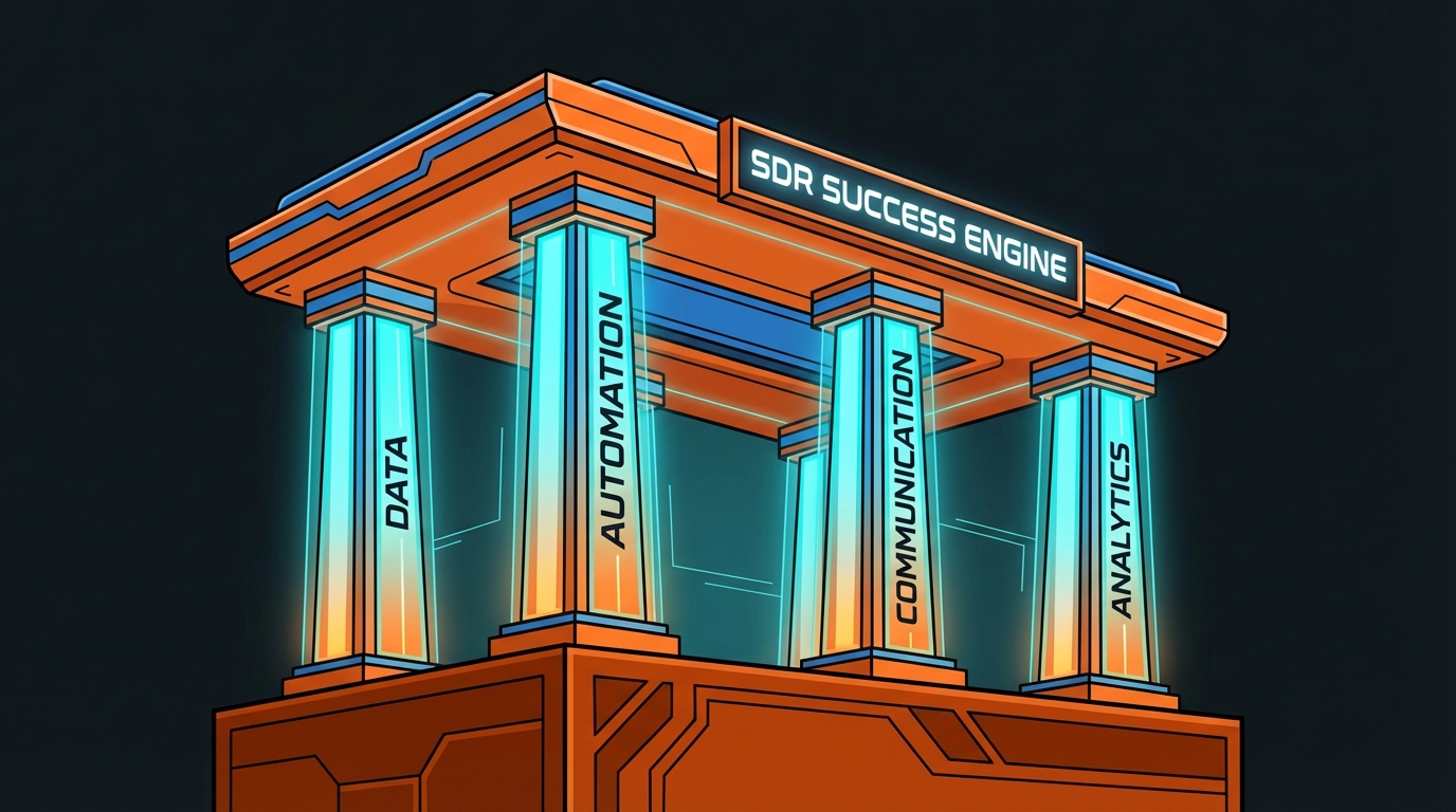 The Four Strategic Pillars of the SDR Success Engine: Data, Automation, Communication, and Analytics An illustration depicting the 'SDR Success Engine' supported by four glowing, cyan-colored pillars labeled 'DATA', 'AUTOMATION', 'COMMUNICATION', and 'ANALYTICS'. The structure is orange and blue, resembling a stylized temple or pedestal.