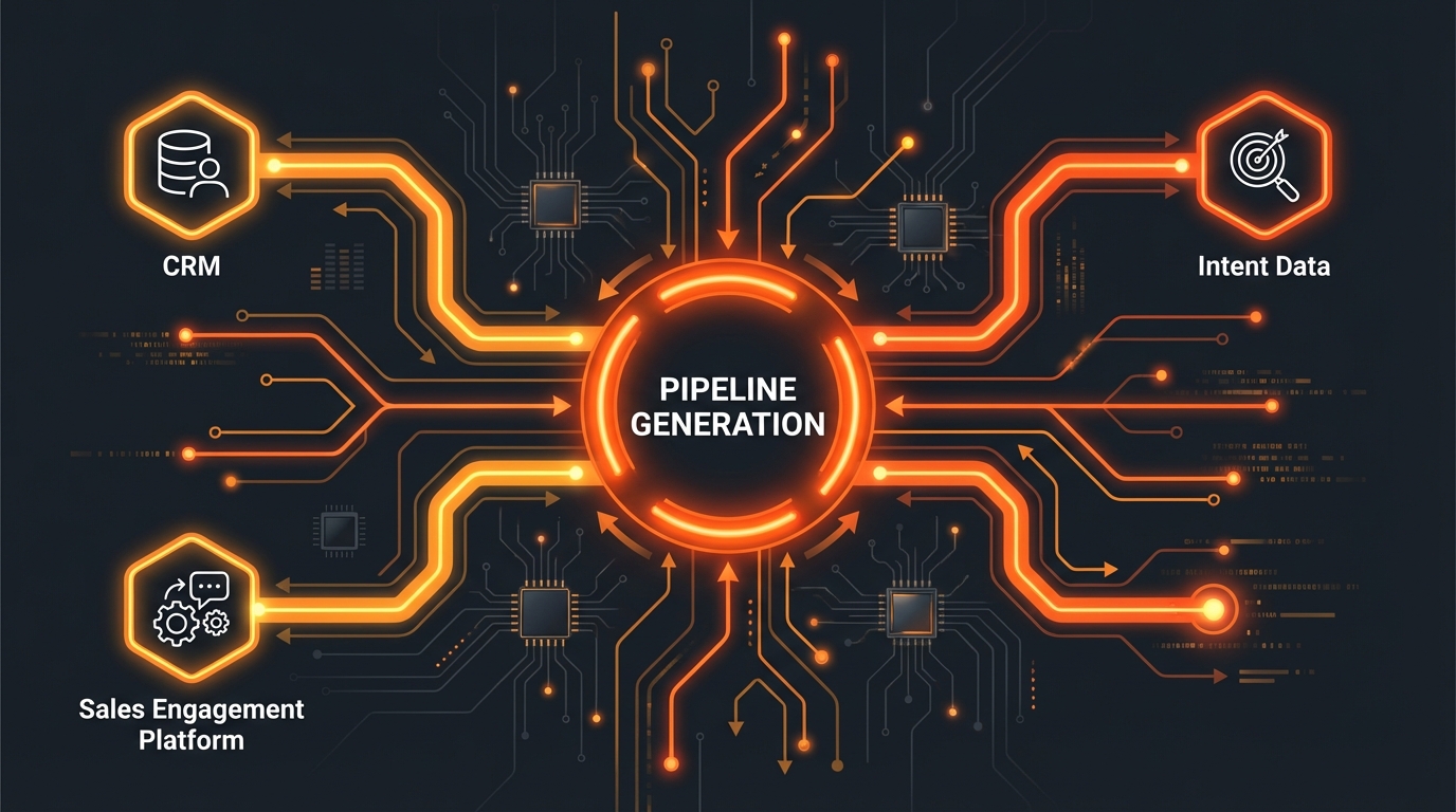 Blueprint for SDR Pipeline Generation: Integrating CRM, Sales Engagement, and Intent Data A diagram illustrating the concept of Pipeline Generation at the center, surrounded by interconnected components: CRM, Sales Engagement Platform, and Intent Data, all linked by glowing orange circuit board pathways and arrows indicating data flow into the central process.