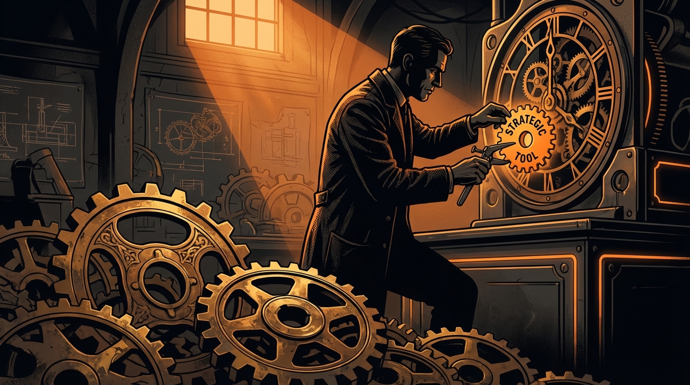 Implementing Your Strategic Tool: Fine-Tuning the Engine of Pipeline Generation A man in a dark suit is working on a large, intricate clock mechanism in a dimly lit workshop, illuminated by warm light from a window. He is carefully placing a gear labeled "STRATEGIC TOOL" into the clock face using a small tool in his other hand. Several large, ornate brass gears are scattered in the foreground.