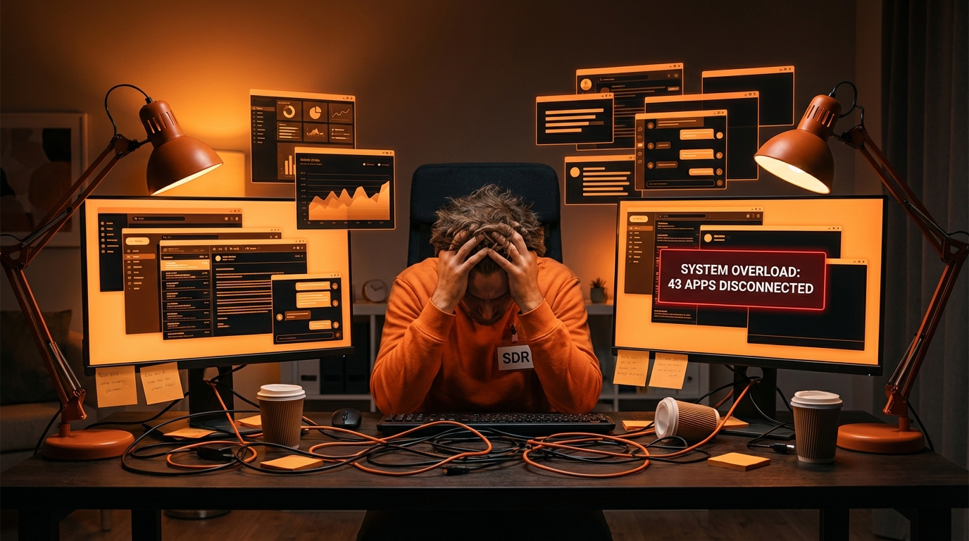 Avoiding 'Frankenstack Syndrome': The Overload of Too Many SDR Tools A stressed-out man wearing an orange shirt with an 'SDR' badge sits at a dark desk, holding his head in his hands. He is surrounded by multiple computer monitors displaying dashboards, charts, and application windows. One monitor prominently displays a red error message: 'SYSTEM OVERLOAD: 43 APPS DISCONNECTED'. The desk is cluttered with tangled orange cables, two coffee cups, and sticky notes, illuminated by two bright orange desk lamps.