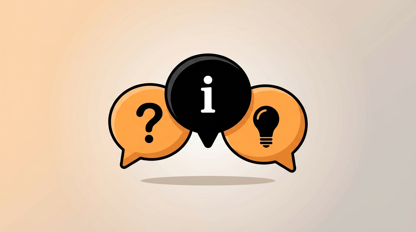 Questions, Information, and Ideas: Evaluating Your SDR Tech Stack Needs Three overlapping speech bubbles against a light gradient background. The left bubble is orange and contains a black question mark. The center bubble is black and contains a white lowercase 'i' for information. The right bubble is orange and contains a black lightbulb icon.