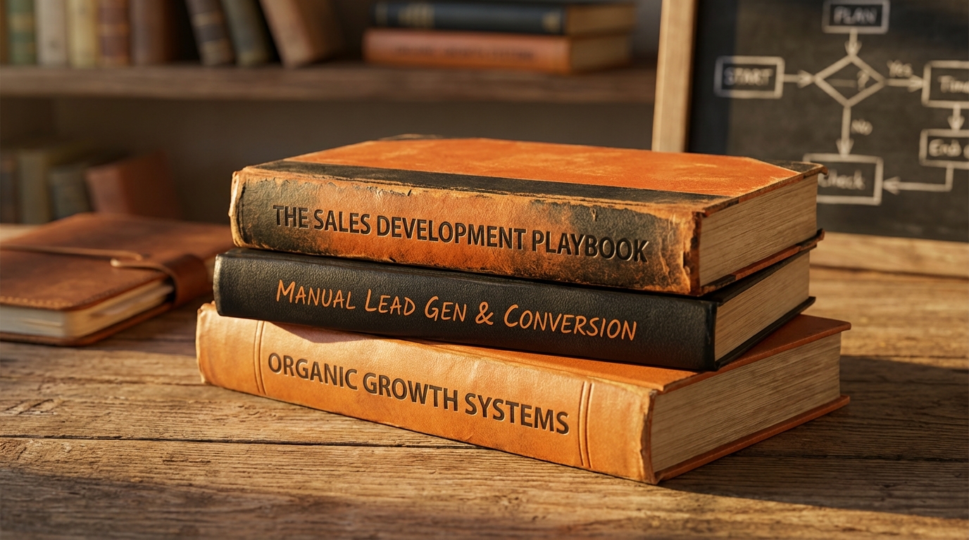 A stack of three old, worn books resting on a rustic wooden table. The top book is orange with the title "THE SALES DEVELOPMENT PLAYBOOK". The middle book is black with the title "MANUAL LEAD GEN & CONVERSION". The bottom book is orange with the title "ORGANIC GROWTH SYSTEMS". In the background, there is a leather-bound notebook and a chalkboard with a flowchart.