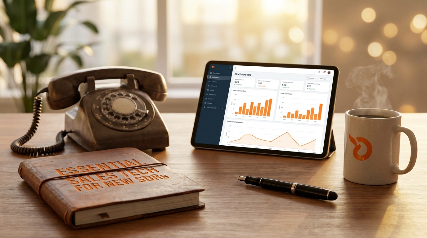 A wooden desk setup featuring an old-fashioned rotary phone, a leather-bound book titled "ESSENTIAL SALES TECH FOR NEW SDRS," a tablet displaying a CRM dashboard with bar and line graphs, a black pen, and a steaming white mug with an orange logo.