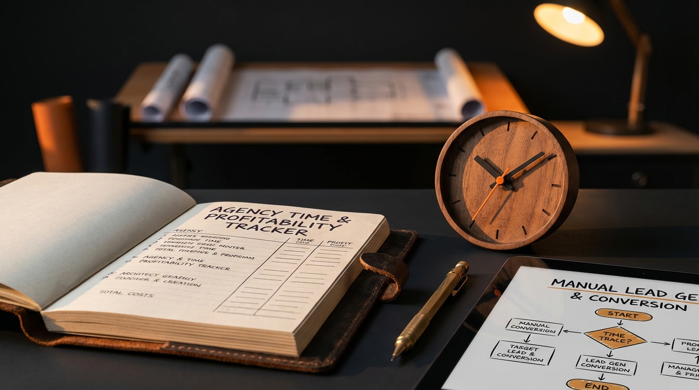 A close-up of a desk featuring an open notebook titled "Agency Time & Profitability Tracker," a small wooden desk clock, a brass pen, and a tablet displaying a flowchart titled "Manual Lead Generation & Conversion." In the blurred background, there is a drafting table with rolled-up blueprints and a desk lamp.