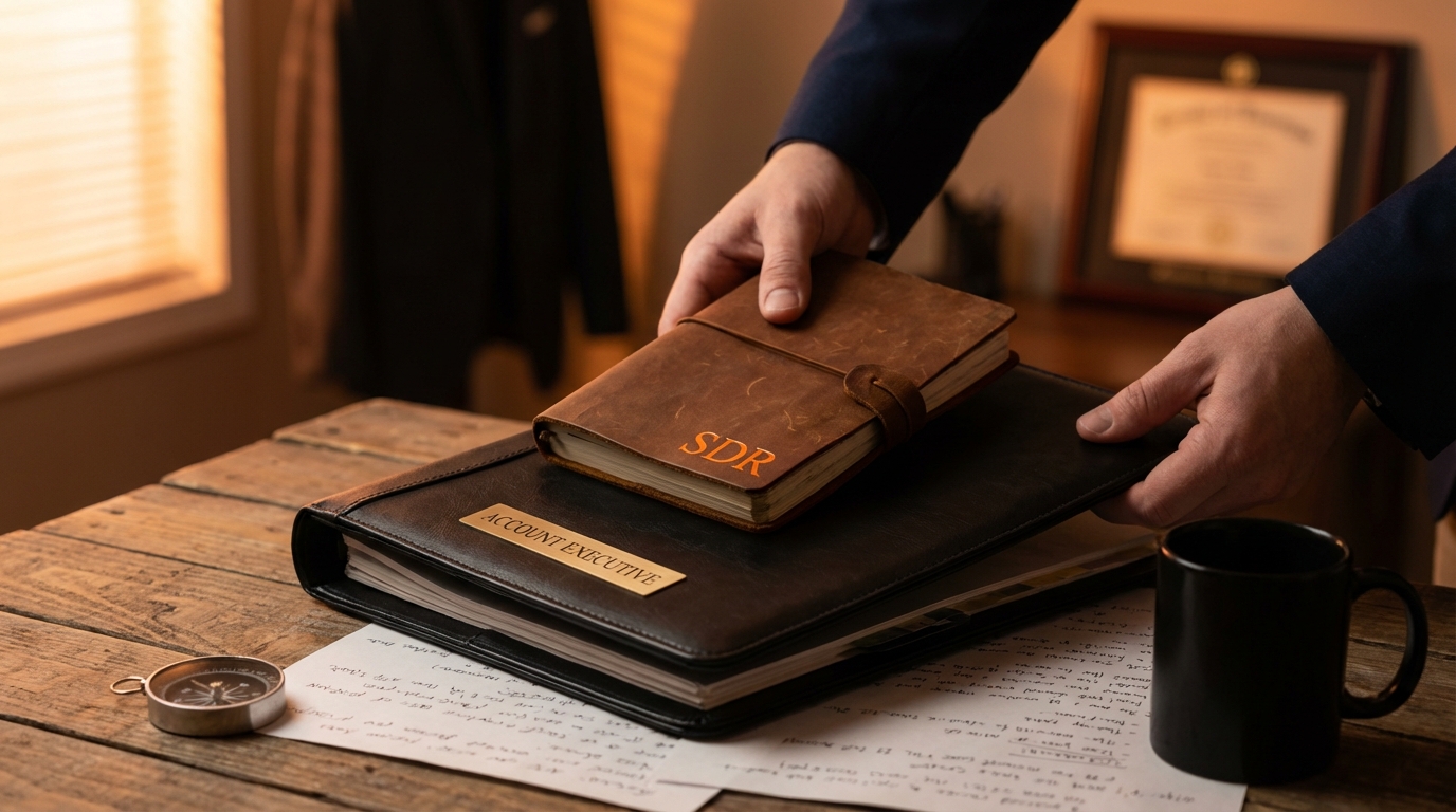 A person in a navy suit places a small, brown leather journal monogrammed with "SDR" onto a larger black portfolio labeled "ACCOUNT EXECUTIVE" on a rustic wooden desk. A black mug and a small compass are also visible on the desk.