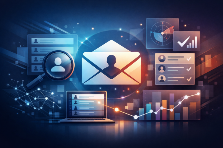 A digital illustration depicting various elements related to data management, email finding, and analytics, including a large envelope with a person silhouette, a magnifying glass over a user list, a laptop displaying a user list, a checklist with checkmarks, a radar chart, and a bar chart with an upward trending line graph, all set against a dark blue, glowing technological background.