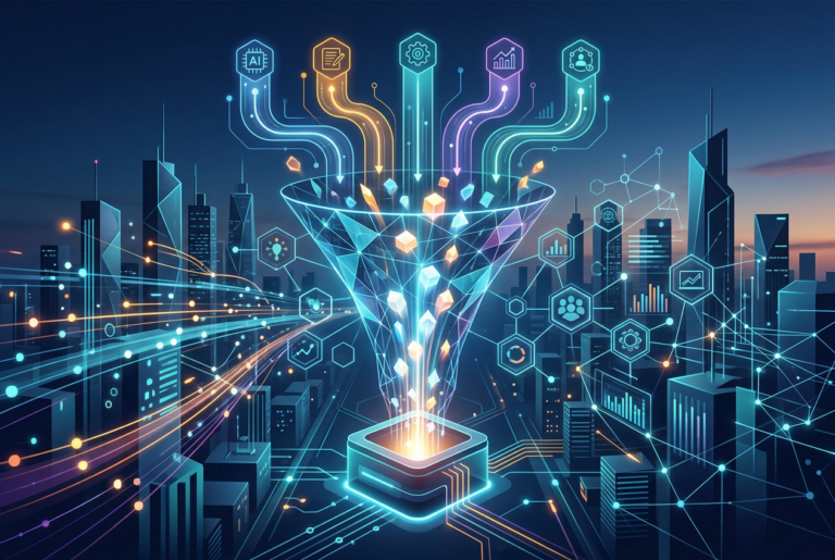 A futuristic, digital illustration depicting data flowing from various sources (represented by icons like AI, documentation, settings, and analytics) through a glowing, geometric funnel into a central processing unit or database, set against a dark blue cityscape at twilight. Lines of light connect the city buildings, symbolizing data streams and connectivity.